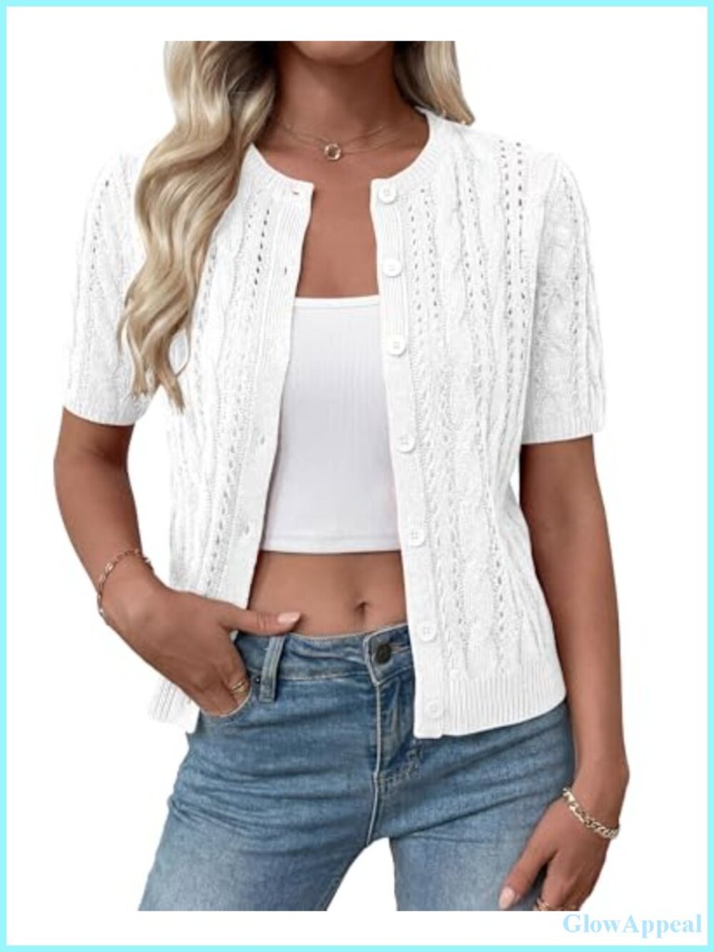 Women's Crochet Cable Knit Cardigan Lightweight Short Sleeve Button Front